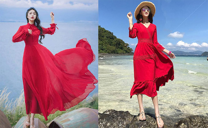 chụp ảnh mặc váy đi biển